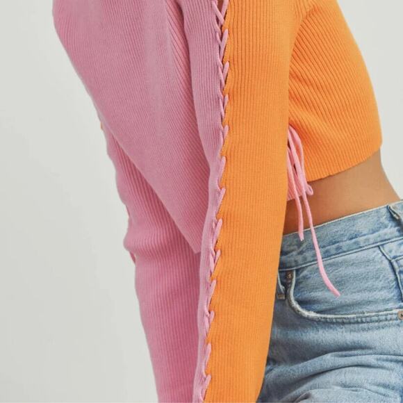 ButterMelon Pink and Orange Lace Up Sweater Size Small Ribbed Crop Top Fashion - Picture 4 of 12